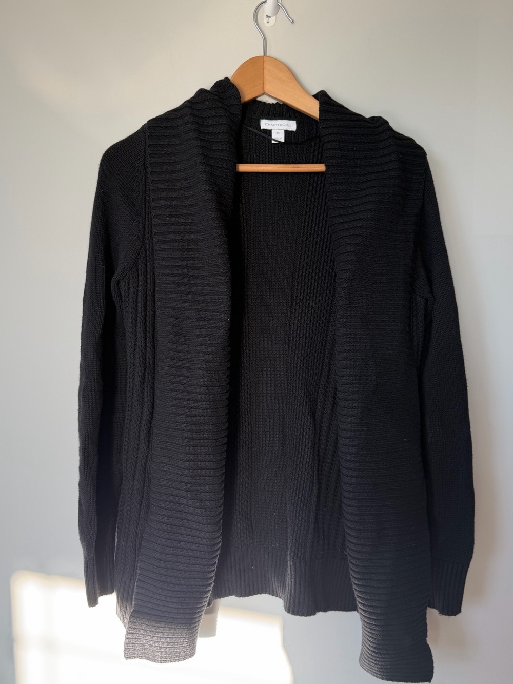 (XS) Charter Club Black Open-Front Ribbed Cardigan